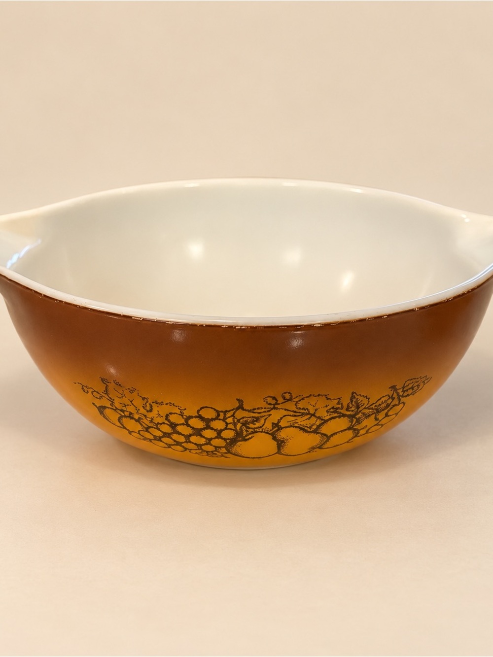 Pyrex Brown and Orange Mixing Bowl with Fruit Graphic